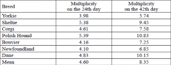 Tableau : Multiplicité des poids de naissance aux 24ème et 42ème jours de vie au sein de 8 races